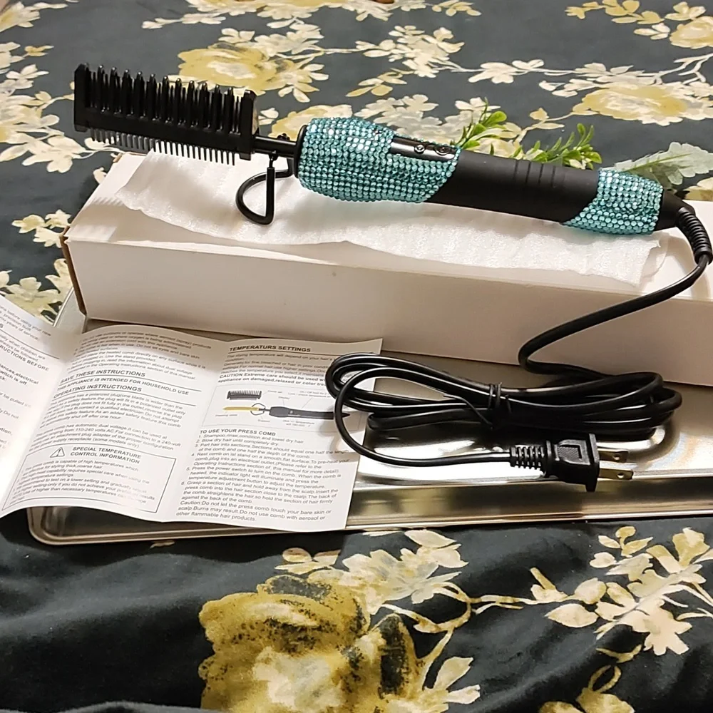 Black and blue jeweled pressing comb
